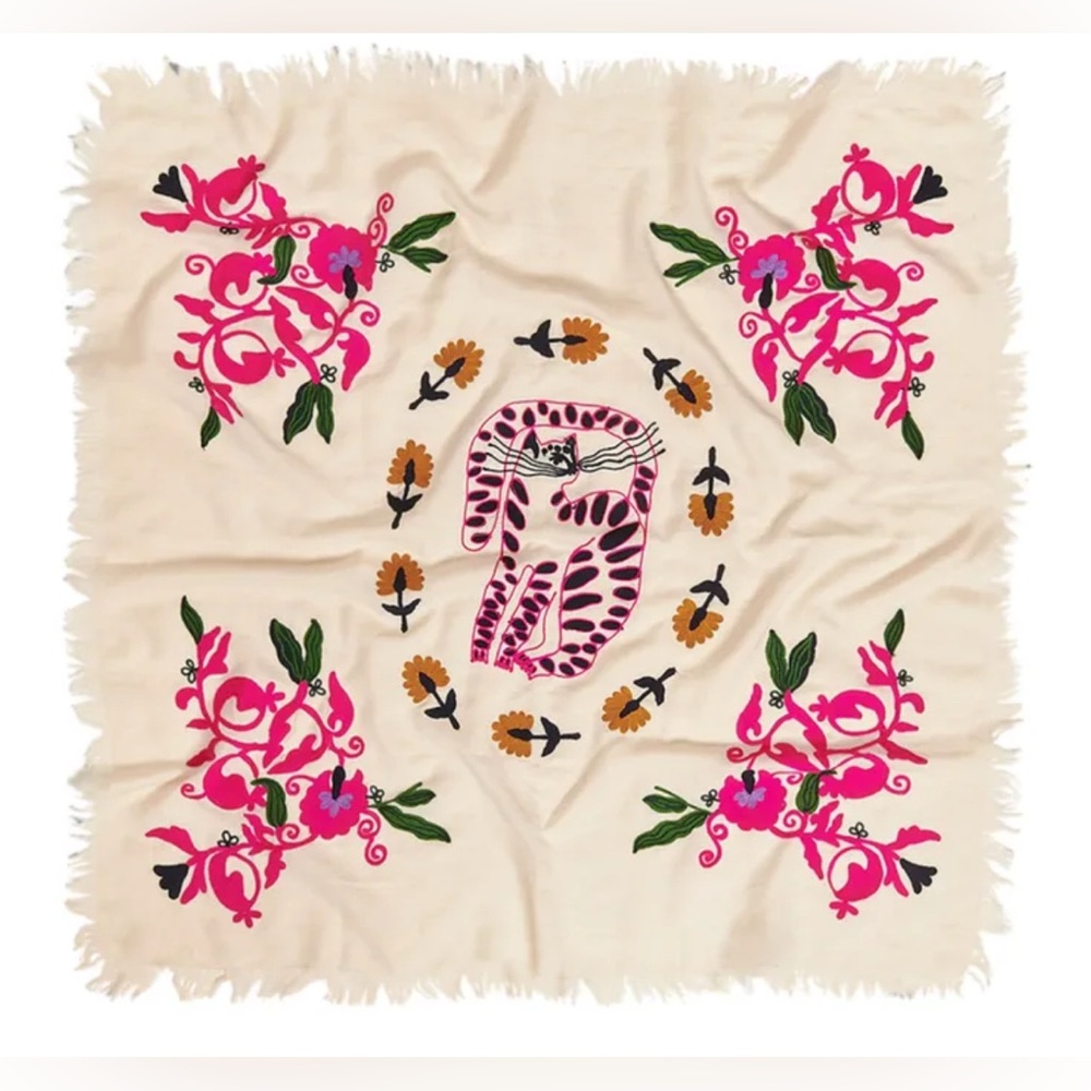 FORTE FORTE Jaguar de Lua Wool Muslin Fringe Embroidered Scarf Cream NWT